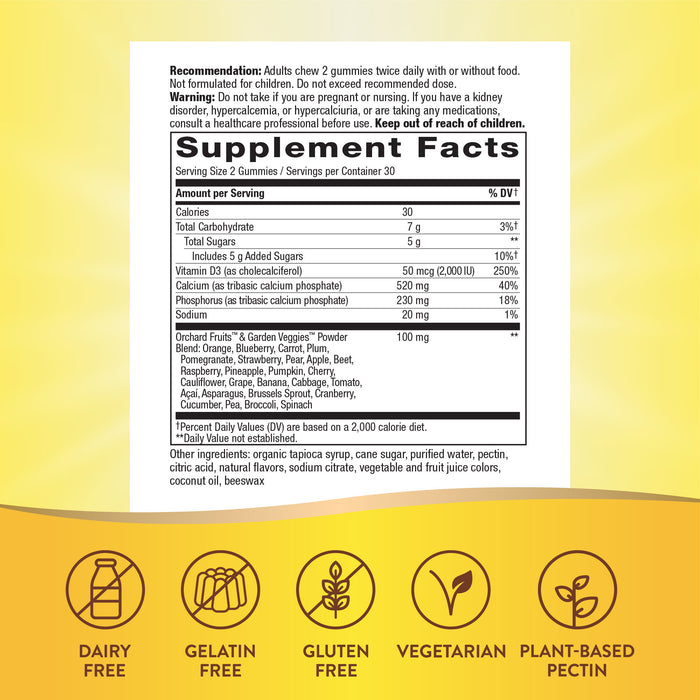 Supplement Facts label for Nature’s Way Alive!® Calcium + D3 Gummy—bone & immune support—with nutrients like calories, total sugars, vitamin D3. Icons below: dairy free, gelatin free, gluten free, vegetarian, and plant-based pectin.