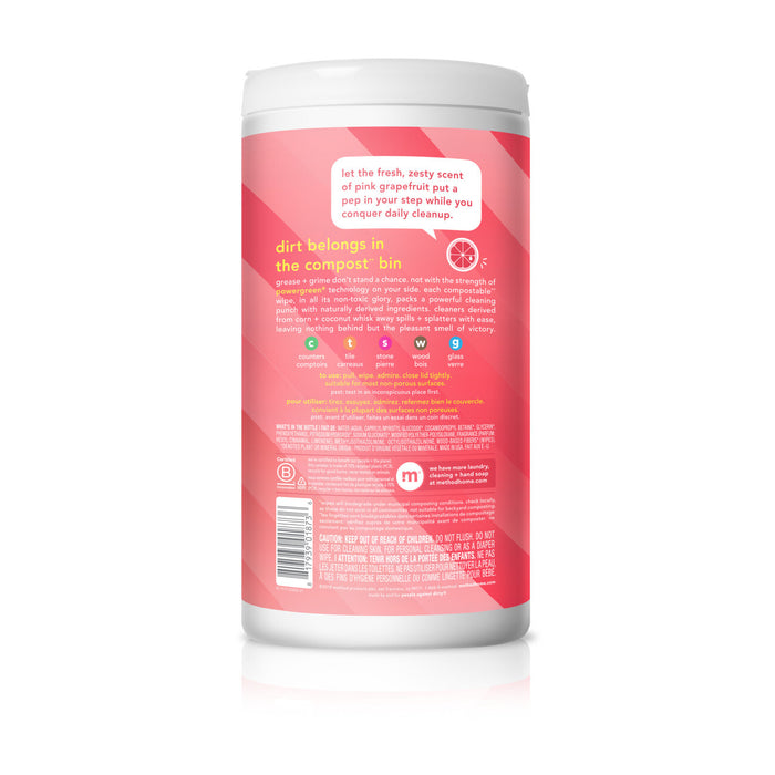 The cylindrical method All-Purpose Compostable Cleaning Wipes feature a fresh pink grapefruit scent. The vibrant red and orange packaging with white text highlights its natural multi-surface cleaning power and includes social media icons with product details.