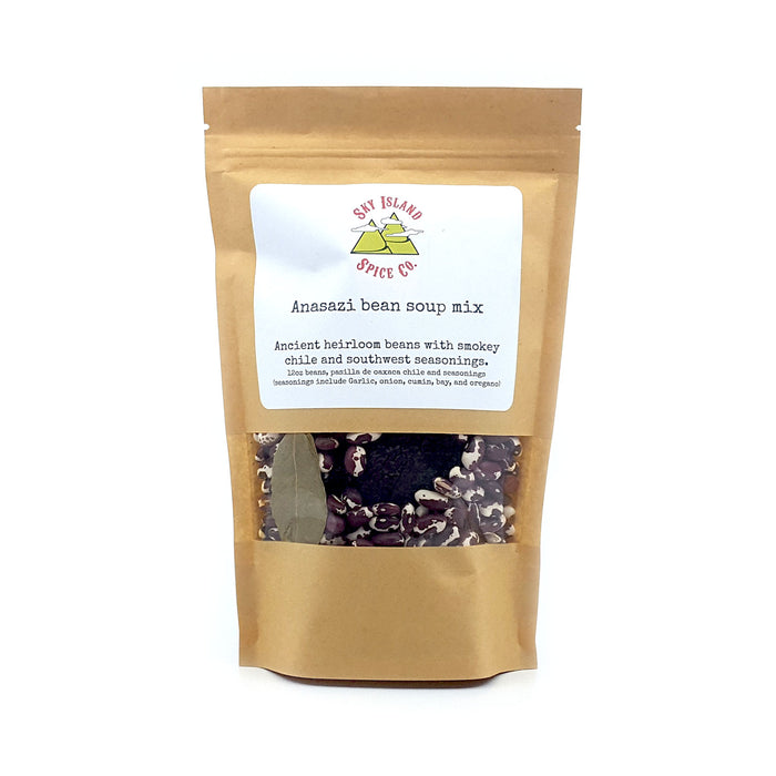 This delicious soup mix contains ancient heirloom beans with smoky chile and southwest seasonings Anasazi beans, Pasilla de Oaxaca chiles, seasonings include garlic, onion, cumin, bay leaf and oregano Easy to cook: Rinse beans and add water, aromatics and seasoning packet Vegan Hearty and delicious 4 servings