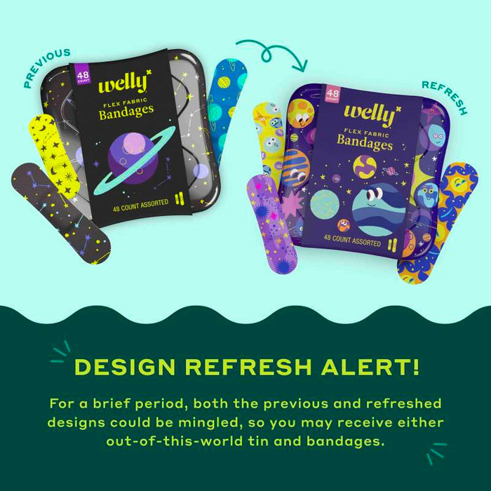 Image showing a "Design Refresh Alert" for Welly bandages. Two tins are displayed: the previous design with planets and the refreshed design featuring playful characters and space elements. Text explains customers may receive either tin and bandages temporarily.
