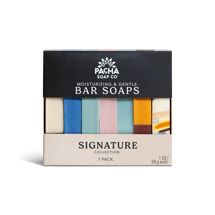 A handcrafted Pacha Soap Co. "Bar Soap, Pacha Peaces" variety pack featuring seven moisturizing, gentle bars in assorted colors, with packaging showing the product name and details.