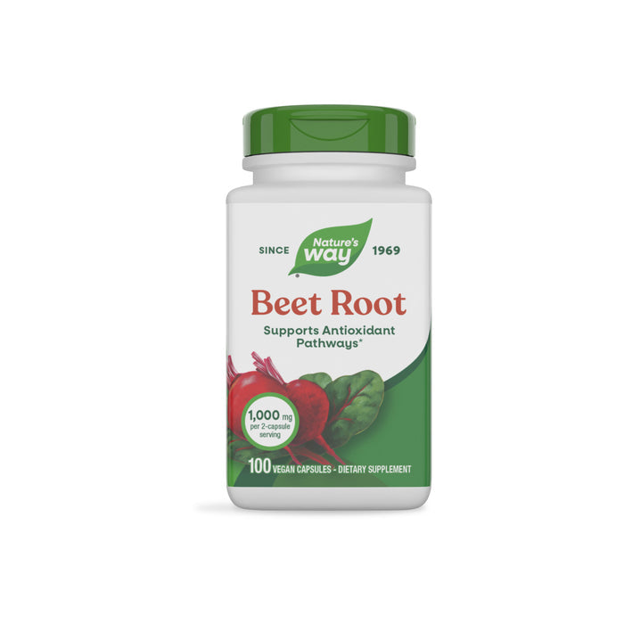 Natures Way Beet Root dietary supplement comes in a white bottle with a green cap and beetroot graphics. Each serving (2 capsules) provides 1,000 mg of plant-based antioxidants. Contains 100 vegan capsules per bottle.