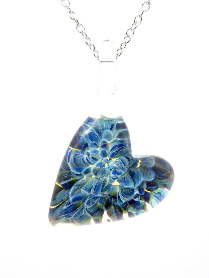 Blue moon glass heart pendant infused with cremation ashes on a silver chain