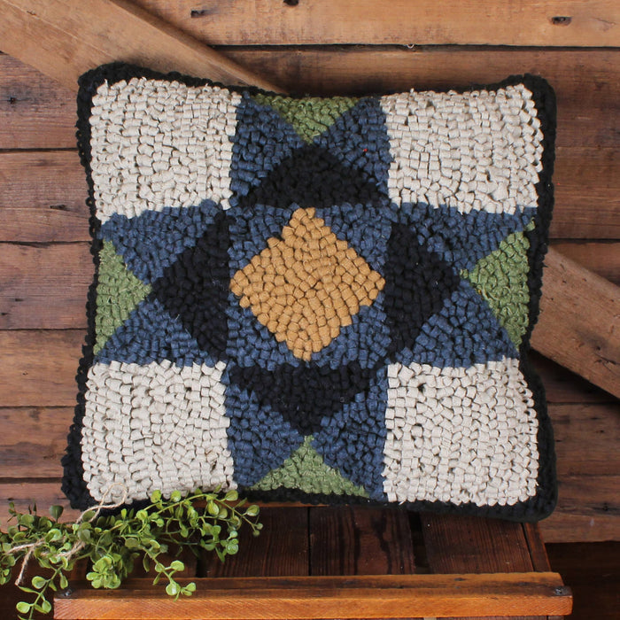 Blue Quilt Square Wool Hooked Pillow 14 In PL220127 - Interiors by Elizabeth