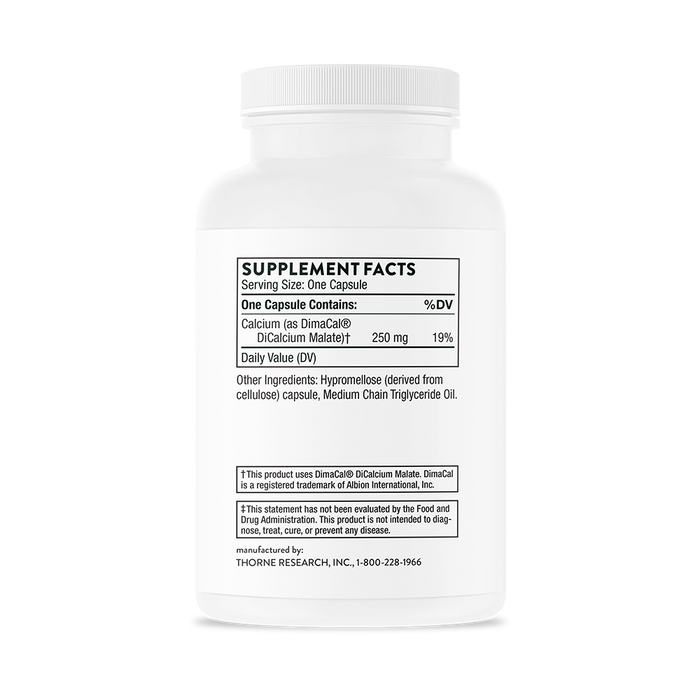 A white bottle by Thorne features supplement facts, emphasizing enhanced absorption and daily values of calcium (DimaCal® Dicalcium Malate). Ideal for peri- and postmenopausal women.