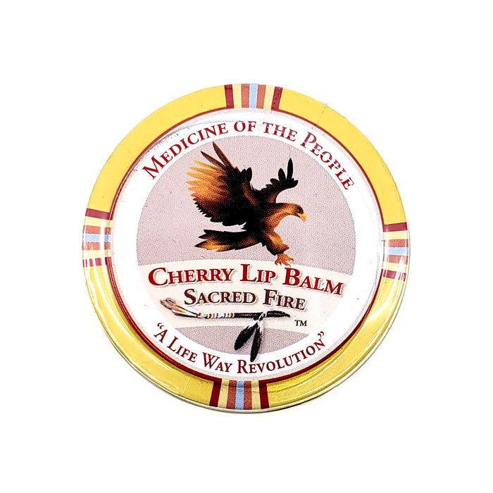 .75 ounce yellow travel tin with eagle cherry flavor lip balm sacred fire