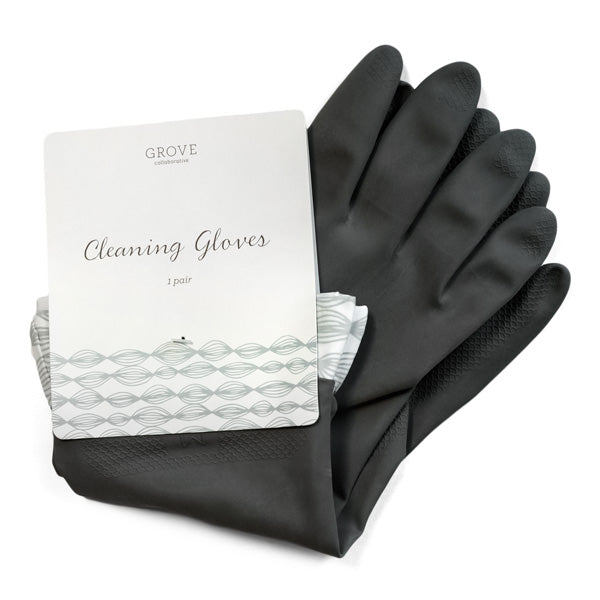 A pair of dark rubber cleaning gloves from Grove Co. labeled Durable Latex Cleaning Gloves, 1 pair, with a simple design featuring light gray wave patterns.