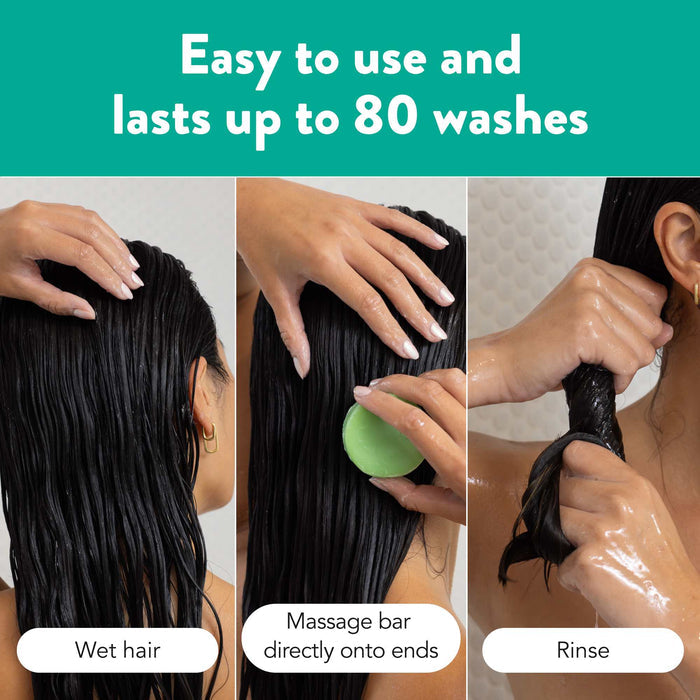 Image showing three steps of using a hair product: First panel – wet hair with water, second panel – person massaging a green bar onto hair ends, third panel – person rinsing their hair. Text at the top reads "Easy to use and lasts up to 80 washes.