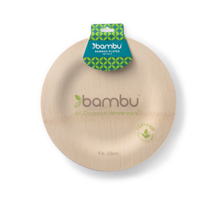 A 9-inch, round bamboo plate with a green-blue Bambu label. This All Occasion Veneerware piece in our eco-friendly dinnerware line showcases an organic bamboo design and a certified eco-friendly symbol.