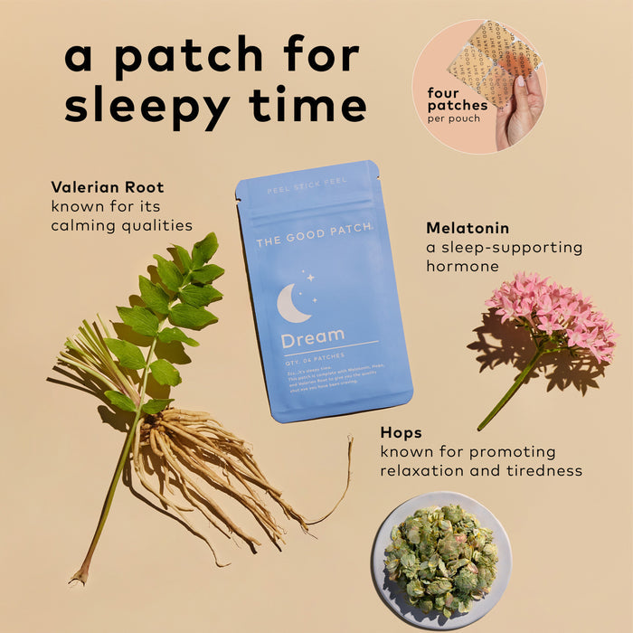 Packaging showcases valerian root, melatonin, and hops with calming effects emphasized. A hand holds a Dream Patch by The Good Patch. Promoting natural wellness, it comes in a blue pouch adorned with moon and star graphics.