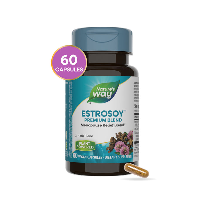 A bottle of Natures Way EstroSoy™ menopause relief supplement with 60 vegan capsules. The label highlights a plant-powered, 3-herb blend with black cohosh and fermented soy. One capsule is displayed next to the bottle.