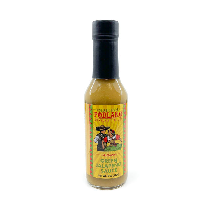This Green Jalapeño sauce has a slightly milder heat with luscious citrus undertones. It's fresh, tangy taste deliciously complements every meal. The heat catches up after a few bites, and never overwhelms the flavor! Put a few drops on your chips or use it to enhance your entire entrée. Made in Tucson. 5 oz. glass bottle.