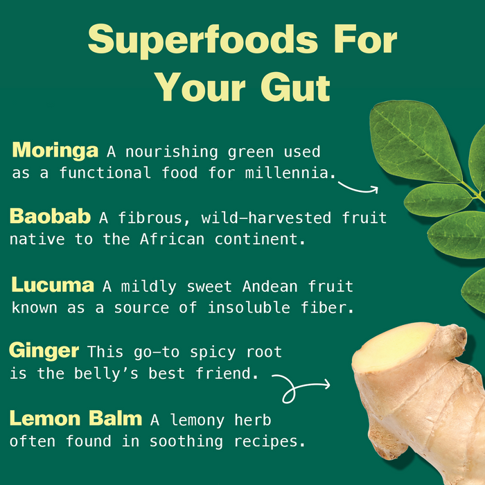 A green graphic titled Superfoods For Your Gut from Kuli Kuli Foods highlights gut health benefits and prebiotic fiber in the Gut Bliss Organic Superfood Blend, featuring moringa, baobab, lucuma, ginger, and lemon balm. Moringa and ginger photos appear on the right.