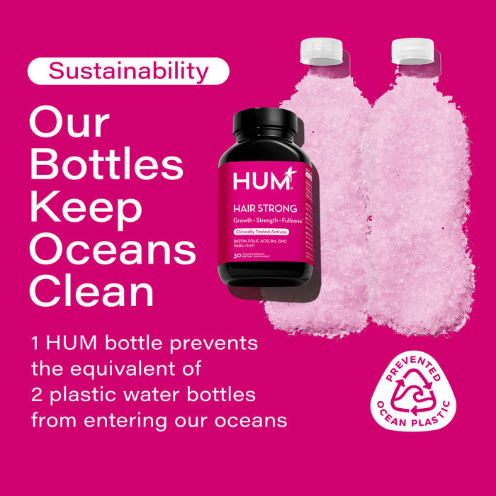 A pink poster with text about sustainability featuring two plastic water bottles made of shredded plastic and a HUM hair supplement bottle. The text highlights that one HUM bottle prevents two water bottles' worth of plastic from polluting oceans.