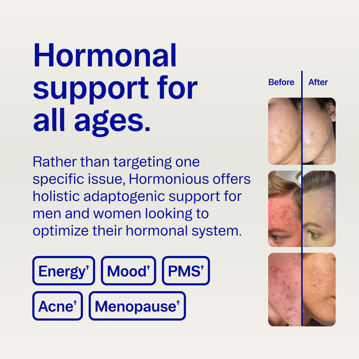 Promotional graphic for Ora Organic’s Hormonious: Hormonal Balance & Support Capsules, featuring before-and-after skin photos and highlighting benefits like improved energy, mood, PMS relief, clearer skin, and menopause support for men and women.