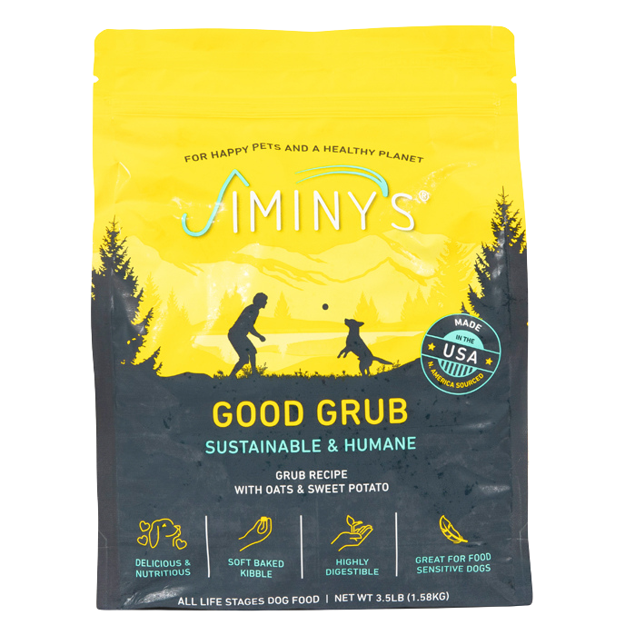 Yellow bag of Jiminys Cravin Cricket Dry Dog Food for sensitive stomachs features sustainability and humane production using oats, sweet potato, and cricket protein. The eco-friendly packaging shows a person and dog silhouette. Proudly made in the USA.
