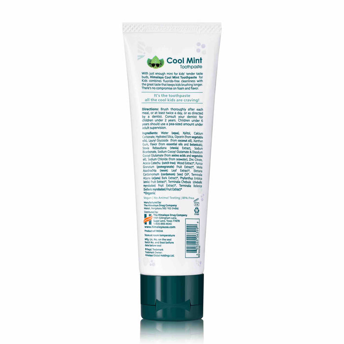 A tube of Himalaya Kids Toothpaste, featuring a green cap, displays ingredients, usage instructions, and branding details in soothing blue and green text on the back. The tube stands upright against a crisp white background.