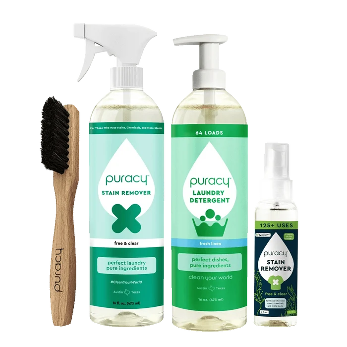 Discover the Laundry Essentials Bundle: a stain remover spray, laundry detergent, and brush set against a vibrant green backdrop. Effortlessly tackle tough stains and enhance your laundry routine with this powerful trio designed for impeccable results every time.