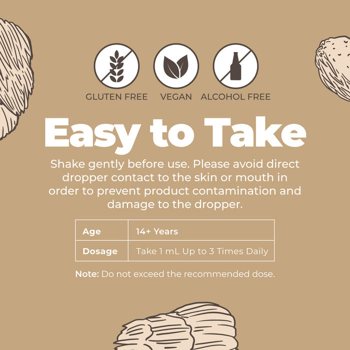 MaryRuth’s Lion’s Mane Drops: Infographic with gluten free, vegan, and alcohol free icons. Features Lion's Mane Mushroom for brain health. Ages 14+: take 1 mL up to 3 times daily; do not exceed recommended dose.