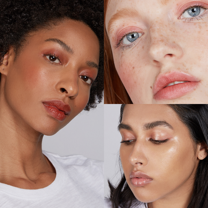 A collage of three diverse women—curly-haired, freckled with blue eyes, and one with straight dark hair—showcases their dewy beauty using Axiologys Lip-to-Lid Balmies Set - Of the Earth in glossy pink hues. The vegan balmies enhance their natural glow with zero waste impact.