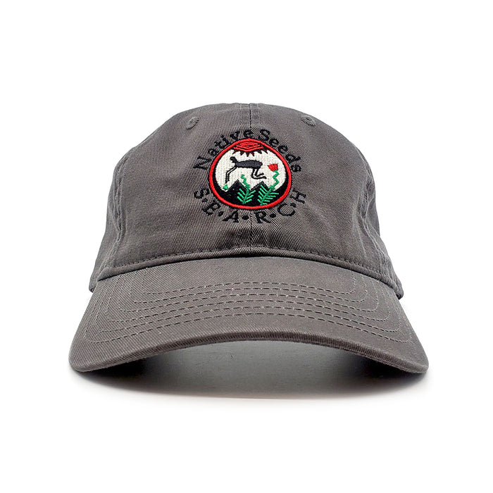 native seeds search logo baseball cap. 100% cotton with embroidered logo. grey color with logo front-and-center. comfy, breathable
