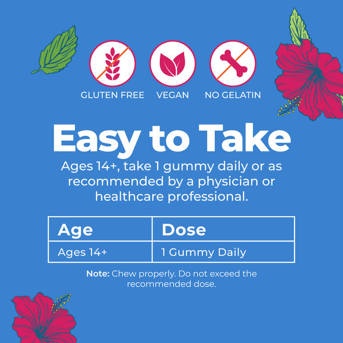 Blue background with leaves and red flowers. Icons indicate gluten-free, vegan, and no gelatin. Text: Magnesium Calm Gummies by MaryRuth's. Ages 14+, take 1 gummy daily to support muscle relaxation and bone health. Chart reinforces dosage; note reminds to chew thoroughly and not exceed the recommended amount.