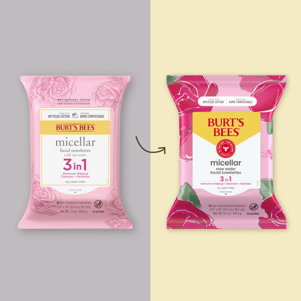 Two packages of Burts Bees Micellar Cleansing Towelettes appear side by side. The left package, with a pink floral design indicating a new look, is ideal for natural face care. The right package features vibrant florals on a yellow background, perfect for makeup removal.