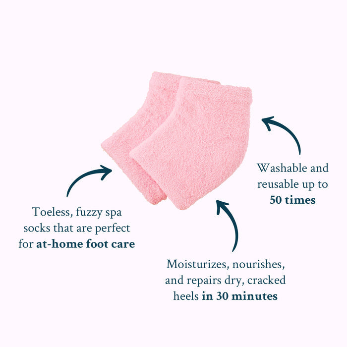 Image of a pair of pink, toeless, fuzzy spa socks. Arrows point to the socks with text highlighting features: "Toeless, fuzzy spa socks that are perfect for at-home foot care," "Washable and reusable up to 50 times," and "Moisturizes, nourishes, and repairs dry, cracked heels in 30 minutes.