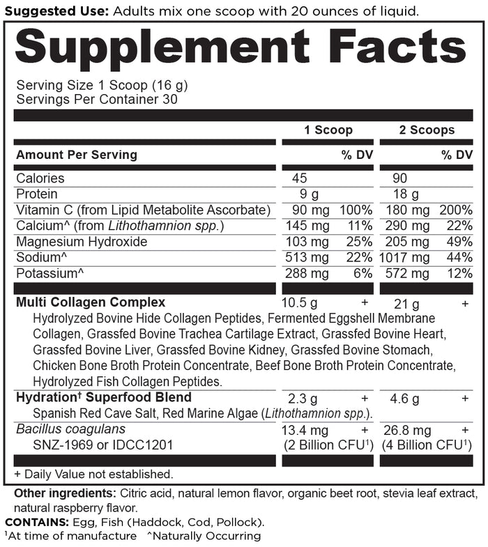 The supplement facts label for Ancient Nutritions Multi Collagen Advanced - Hydrate features hydration benefits with details on calories, protein, sodium, magnesium, potassium, electrolytes, and lists ingredients in the collagen complex and proprietary blend plus an allergen note.