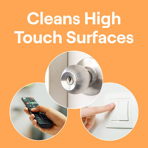 Infographic displays Cleans High Touch Surfaces above images of a door knob, hand with remote, and finger on light switch on an orange background. Spotlights Seventh Generation Multi-Surface Disinfecting Wipes in Lemongrass Citrus scent.
