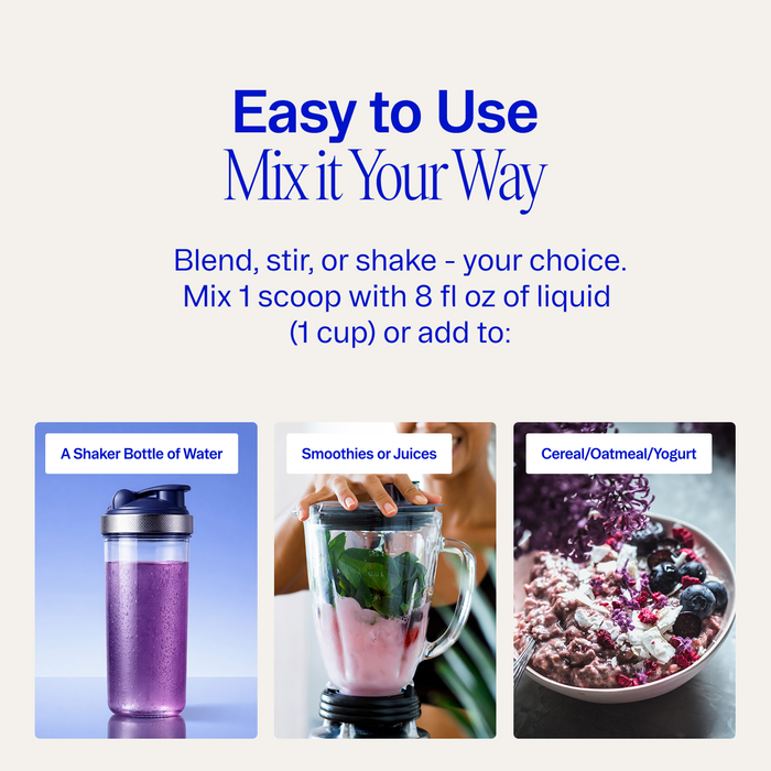 Instructional graphic: “Easy to Use, Mix it Your Way.” Ora Organic’s Muscle Memory: Supercharged Creatine Powder (Informed Sport certified) can be added to water, smoothies, or cereal. Includes mixing directions and muscle recovery tips.