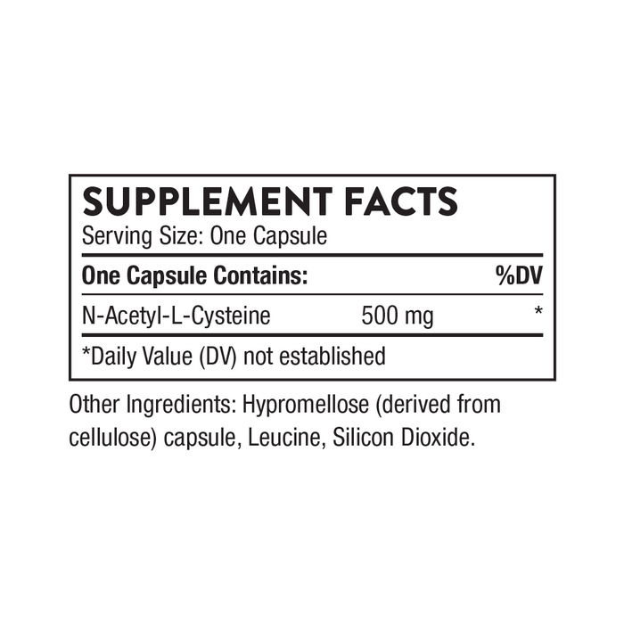 Thorne NAC - N-Acetylcysteine Supplement Facts: Each capsule contains 500mg NAC, an antioxidant for liver health. Other ingredients: hypromellose (cellulose capsule), leucine, silicon dioxide. Daily value not established.