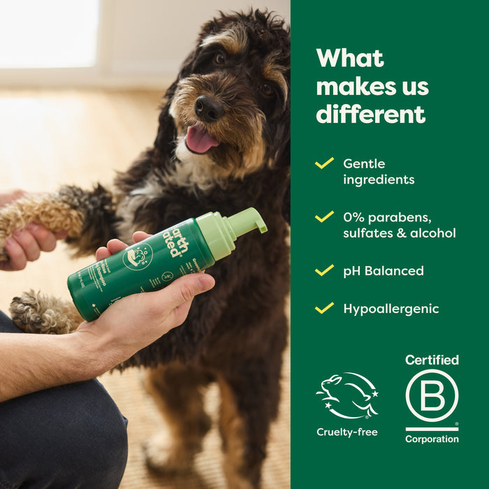 A dog is being groomed with a bottle of pet grooming product. The image highlights the product's features: gentle ingredients, 0% parabens, sulfates, & alcohol, pH balanced, hypoallergenic, cruelty-free, and certified B Corporation.