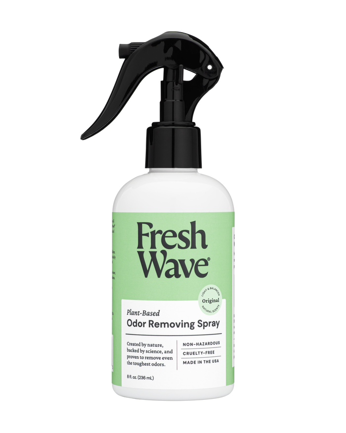 The Odor Removing Fabric and Linen Spray by Fresh Wave effortlessly refreshes fabrics and rooms. This plant-based, cruelty-free spray is non-hazardous, made in the USA, and comes in an 8-ounce bottle with a sleek black nozzle and a green label.