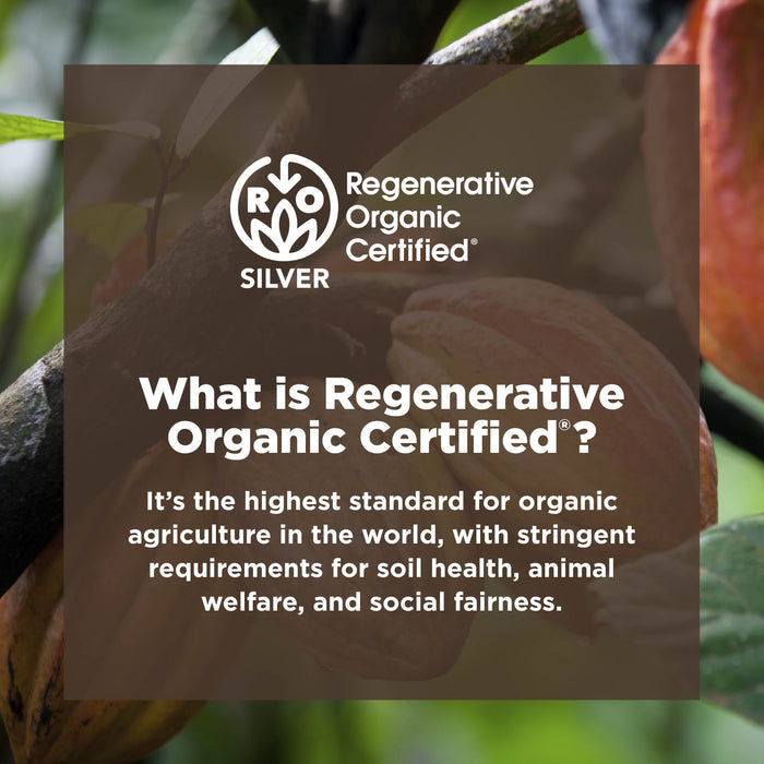 Background of cocoa pods on a tree with overlaid text that reads: "What is Regenerative Organic Certified®? It’s the highest standard for organic agriculture in the world, with stringent requirements for soil health, animal welfare, and social fairness.