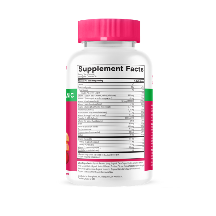 A white supplement bottle of SmartyPants Organic Women’s Multi & Omegas Gummies with a pink cap displays the Supplement Facts label, featuring nutritional details and ingredients for this organic women’s multivitamin in black text. Pink and green sections of the label wrap around the edges of the bottle.
