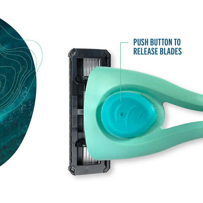 A close-up of a turquoise Preserve razor handle with a blue button and attached Shave 5 Replacement Blades (Fits Preserve Shave 5 and POPi Shave 5). Text points to the button: PUSH BUTTON TO RELEASE BLADES. On the left side, a teal abstract design is inspired by ocean plastic initiatives, highlighting Preserve’s eco-friendly mission.
