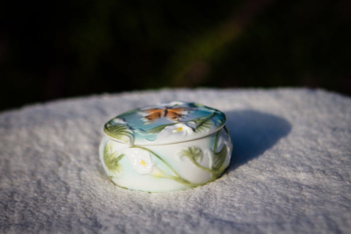 Porcelain butterfly keepsake urn with a floral design and lid in place on a light surface.