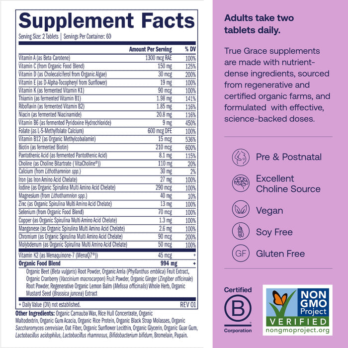 True Grace Prenatal Multivitamin Tablets Refill Pouch: label lists vitamins, minerals (including choline, vitamin D3), and ingredients. For adults pre/postnatal. Vegan, soy & gluten-free, Non-GMO Project & B Corp certified.