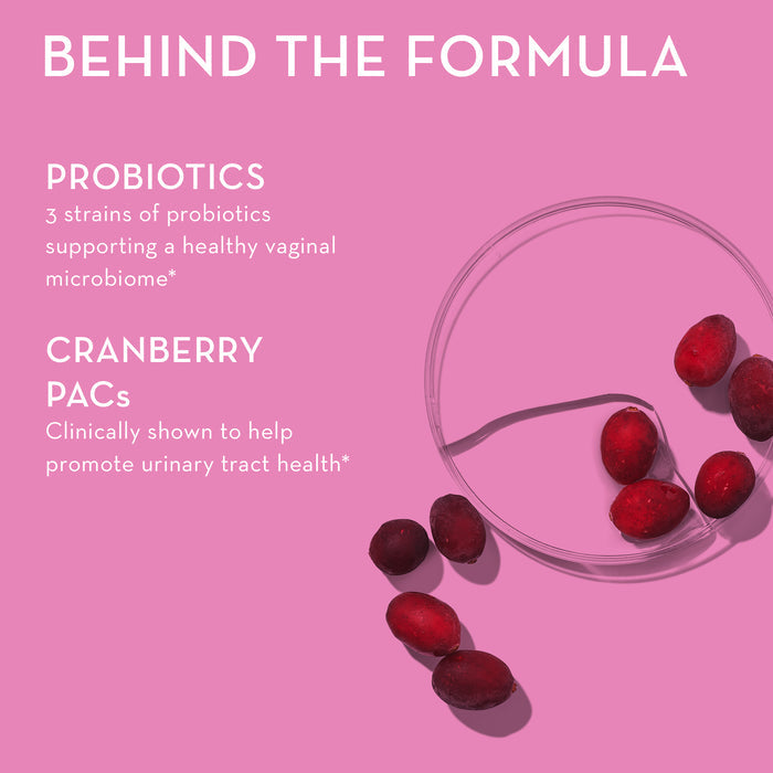 Pink background with text: "BEHIND THE FORMULA." Below, "PROBIOTICS: 3 strains of probiotics supporting a healthy vaginal microbiome." "CRANBERRY PACs: Clinically shown to help promote urinary tract health." A petri dish with red cranberries is on right