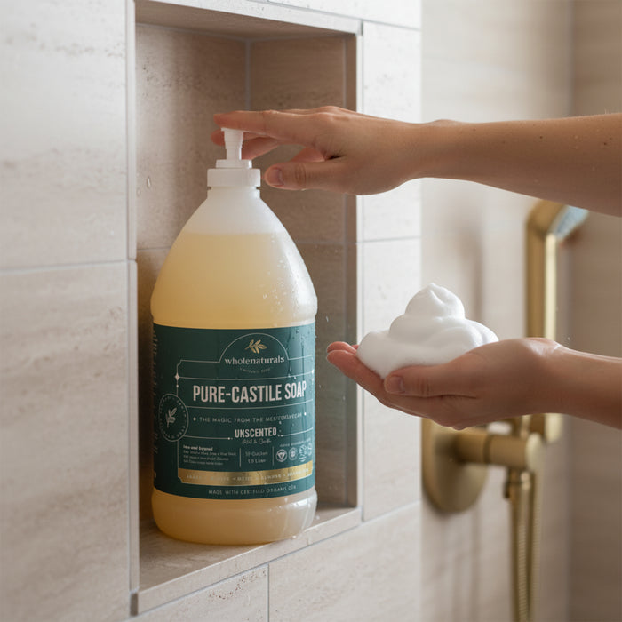 Pump-topped bottle of Pure-Castile Soap in a tiled shower niche, dispensing lather into a hand