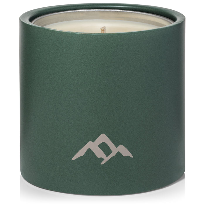 Murphys Naturals Refillable Mosquito Repellent Candle is a green, cylindrical candle featuring a white mountain logo. Unlit with its wax level flush to the top, its DEET-free and enhanced with essential oils for a natural touch.