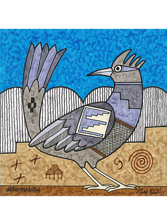 6" square wrapped canvas print featuring roadrunner by Hopi artist Gerald Dawavendewa