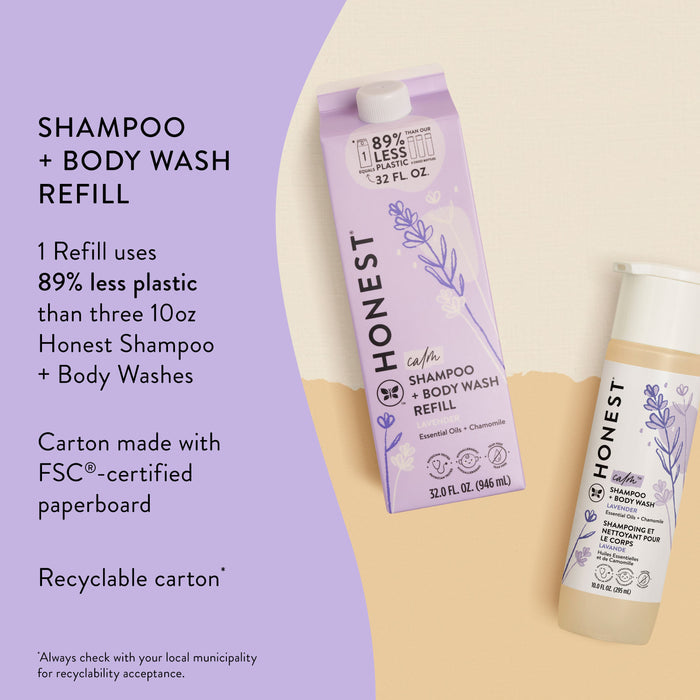 A refill carton and bottle of Honest "Calm" shampoo and body wash are displayed. Text highlights eco-friendly features, including 89% less plastic, recyclable carton, and FSC-certified paperboard. Purple and cream background enhances the design.