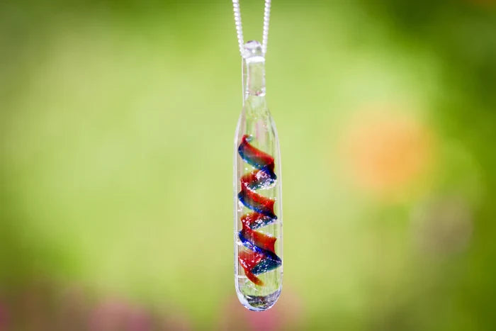 Clear glass spiral cylinder pendant with a red blue spiral inside, suspended from a silver chain in a bright blurred garden background
