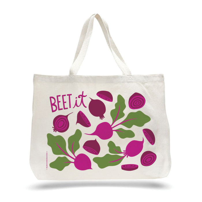 The Neighborgoods eco-friendly Tote Bag displays BEET it in vibrant purple and pink, adorned with illustrations of whole beets, slices, and green leaves. Its the perfect sustainable accessory for any outing.
