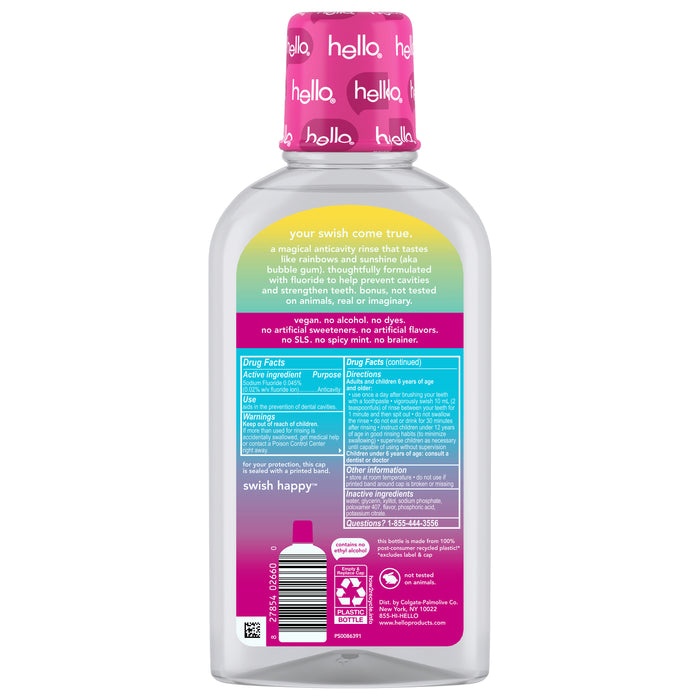 Back label of a hello Unicorn Splash Kids Mouthwash with Fluoride bottle, showing product info, ingredients, directions, and branding on a gradient pink and purple background with a pink cap. Alcohol-free and perfect for kids.