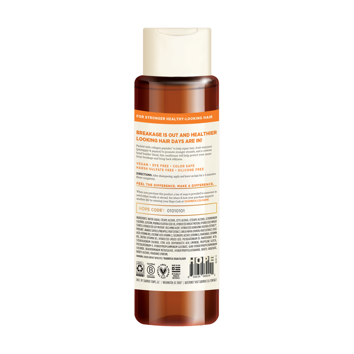 The Vegan Collagen & Fruit Enzymes Strengthening Conditioner by Soapbox comes in a bottle with a creamy cap, is vegan, sulfate-free, cruelty-free, and color-safe. Its infused with collagen peptides for stronger hair and has text and symbols at the bottom.