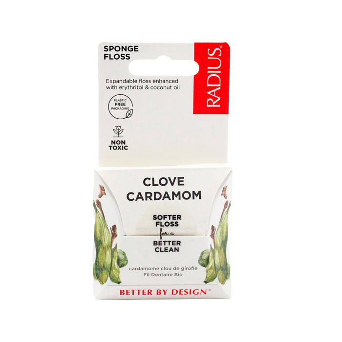 Radius Vegan Floss offers organic, expandable floss in Clove Cardamom flavor with erythritol and coconut oil. It features non-toxic materials and a plastic-free design.