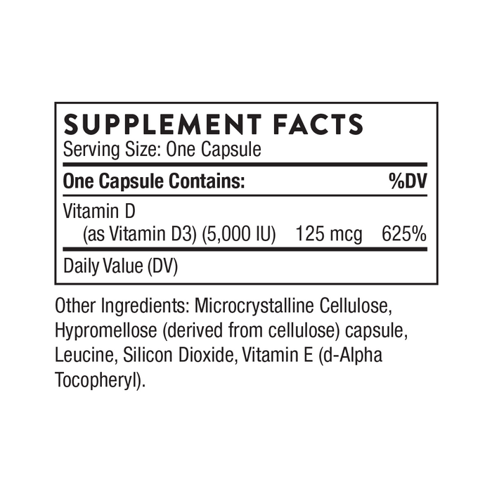Thorne Vitamin D-5000 supplement facts: Each capsule provides 125 mcg (5,000 IU, 625% DV) vitamin D3 for immune support. Other ingredients: microcrystalline cellulose, hypromellose, leucine, silicon dioxide, and vitamin E.